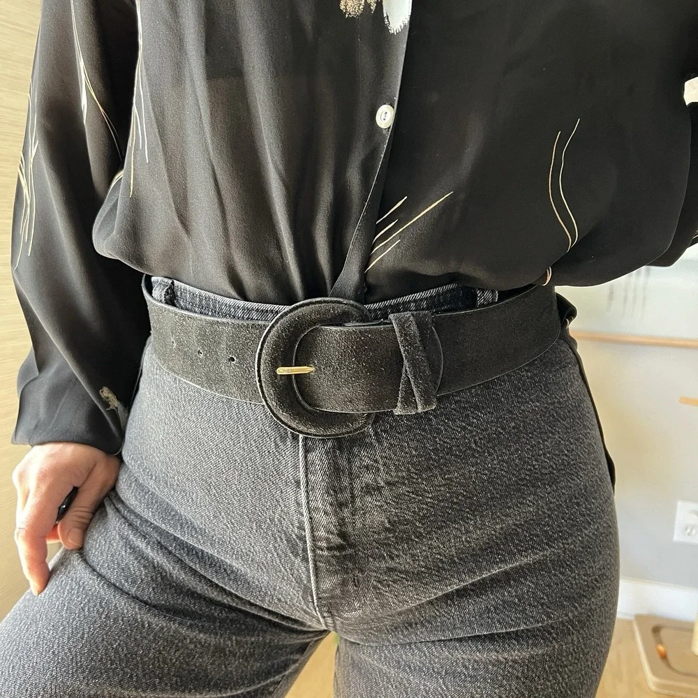 Vintage Black Genuine Leather Belt Wide Oval Buckle Taiwan ROC Small